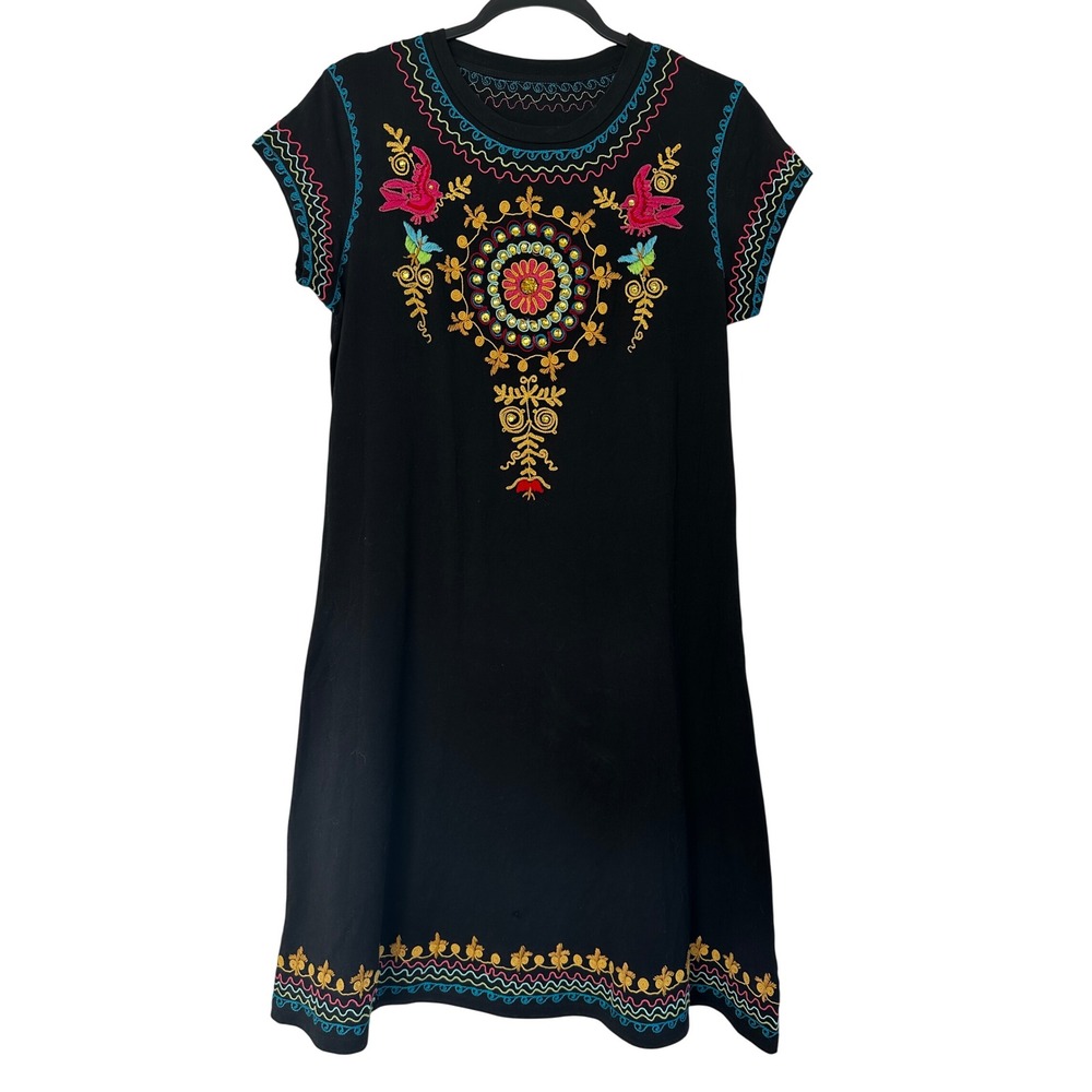 Double D Ranch Black Embroidered Bird Floral T-Shirt Dress Small Mexican Style